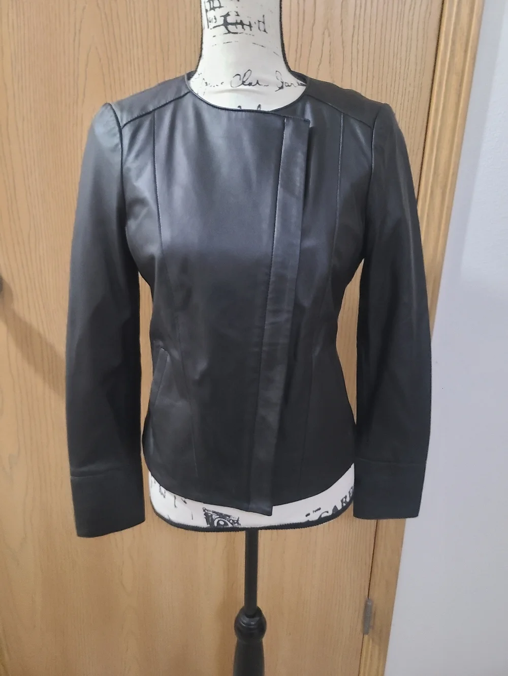 Ecru Black Lamb Leather Bikercore Mobwife Moto Jacket Zipper Blazer - Picture 2 of 6